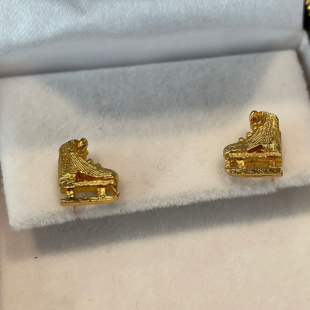 Tiny gold tone figure skate post earrings